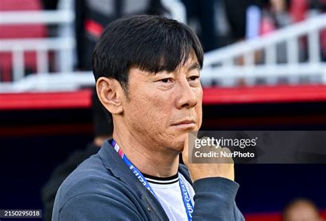 Shin Tae Yong, the Head Coach of Indonesia, is reacting during the ...