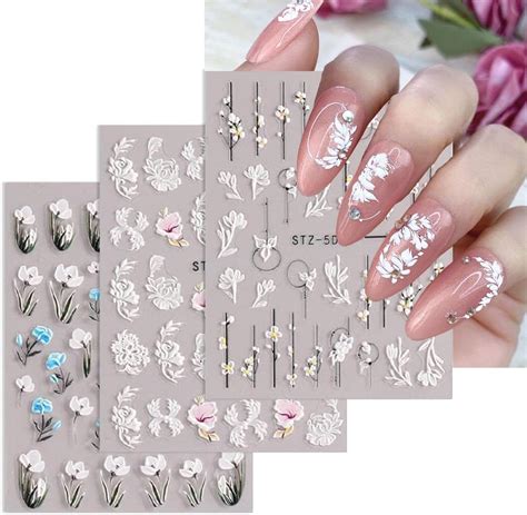 Nagelsticker Selbstklebend 6 Blatt 5D Nail Art Sticker Blumen