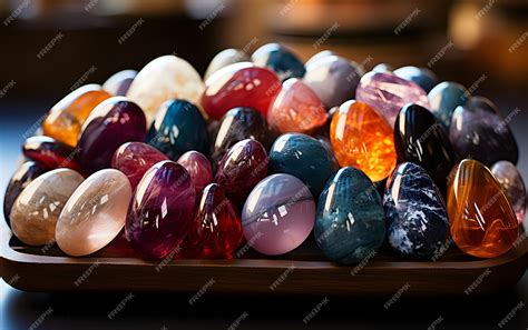 Set Of Different Colored Smooth Gemstones On A Plate Geology And