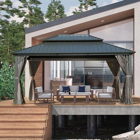 Domi Outdoor Living Galvanized Steel Patio Gazebo With Overhang Slope Design Double Roof