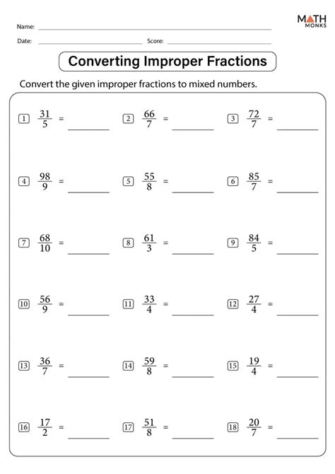 Improper Fractions Worksheets - Math Monks