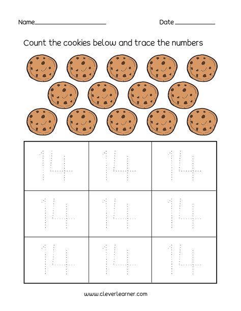 Number 14 writing, counting and identification printable worksheets for