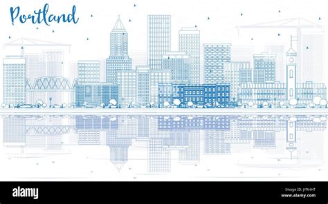 Outline Portland Skyline With Blue Buildings And Reflections Vector