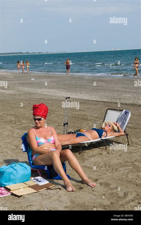 Venice Lido Women Sunbathing An Italian Public Beach Venice Italy 2009