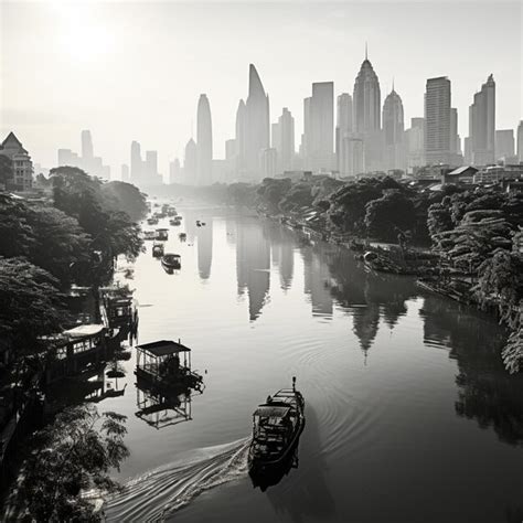 Premium AI Image Arafed Boat On A River With A City In The Background