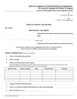 Notice Of Appeal Ontariocourts On Doc Template Pdffiller