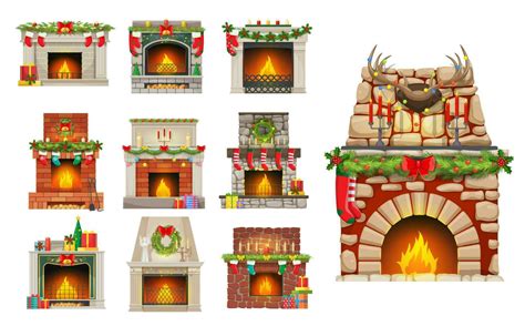 House Fireplaces With Christmas Decorations Set Vector Art At