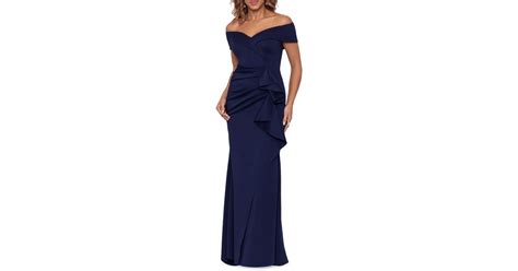 Xscape Off The Shoulder Ruffle Scuba Gown In Blue Lyst