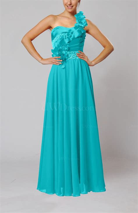 Teal Gorgeous Sheath One Shoulder Sleeveless Floor Length Flower