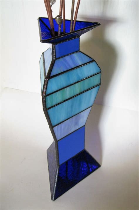 Stained Glass Pussy Willow Sculpture Blue Vase Flame Worked Copper