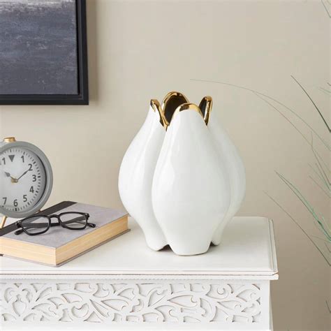 Litton Lane White Dimensional Tulip Shaped Ceramic Decorative Vase With