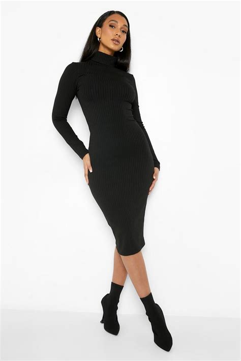 Basics Jumbo Premium Rib Roll Neck Midi Dress Boohoo Uk