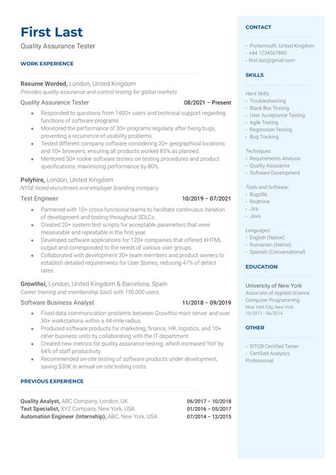 Qa Quality Assurance Software Tester Resume Example For Resume