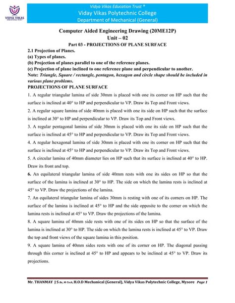 Computer Aided Engineering Drawing 20me12p Unit 02 Part 03 Projections Of Plane Surface Pdf