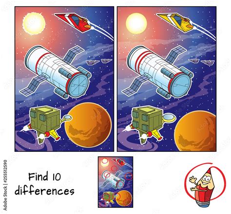 Space Station Orbiting The Planet And Space Ships Find 10 Differences