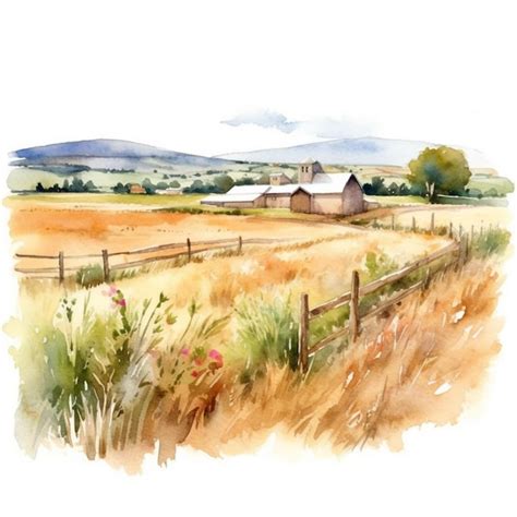 Premium Photo | Watercolor painting of a field with a farm house