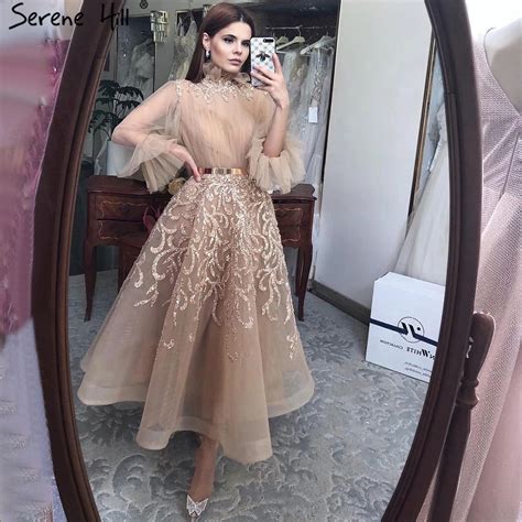 Muslim Champagne Luxury Evening Dresses Long 2021 Lantern Sleeves A