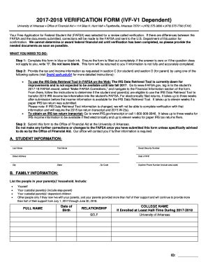 Fillable Online Finaid Uark 2017 2018 VERIFICATION FORM IVF V1