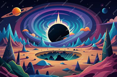 Ilustración Colorida De Un Paisaje Extraterrestre Surrealista Con Un Agujero De Gusano Giratorio