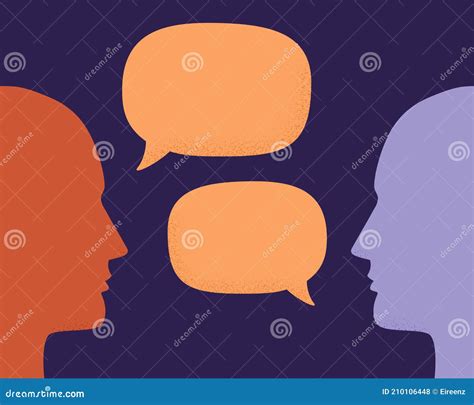 Vector Illustration Of Two Human Heads Silhouette Talking Through Speech Bubbles Concept Of