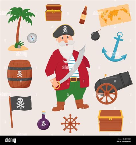 Bundle Pirate Set Isolated On White Background Bundle Pirate Treasure Map Rum Ship Wheel