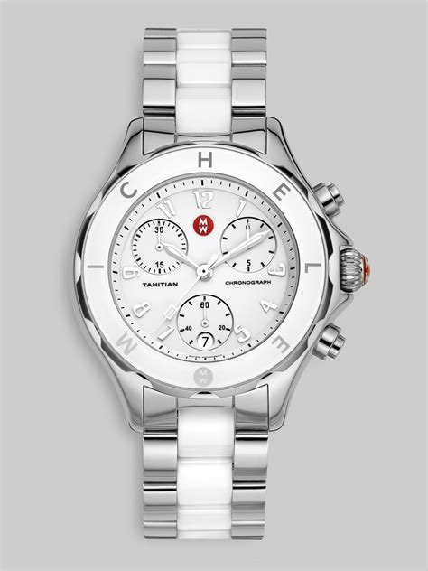 Michele Large Tahitian Stainless Steel Ceramic Chronograph Watchwhite ...