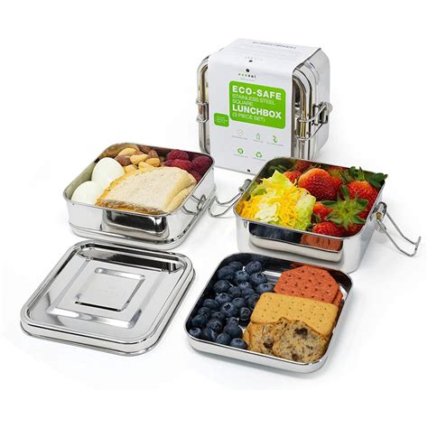 Ecozoi Stainless Steel 3 In 1 Square Eco Lunch Box Metal Bento Box