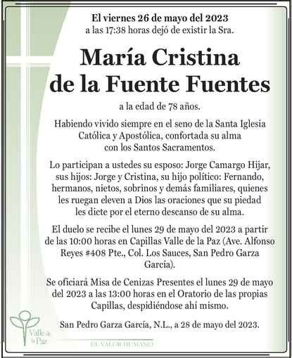 Sra María Cristina de la Fuente Fuentes Obituario Esquela