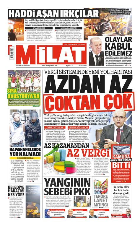 Milat Gazetesi 2 Temmuz 2024 Salı Günü Manşeti