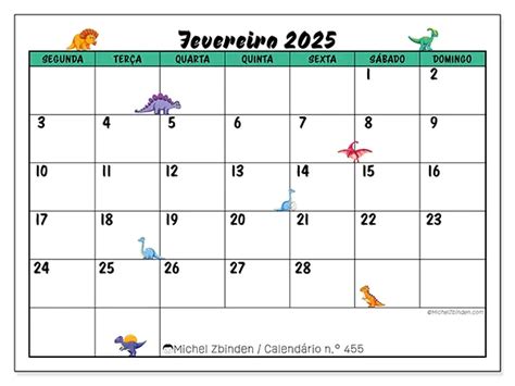 Calendário n 455 fevereiro de 2025 Dinossauros Michel Zbinden PT