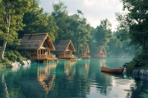 Premium Photo Tranquil Lakeside Cabins Surrounded By Trees Octan