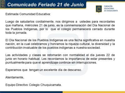 Comunicado Feriado De Junio Colegio Chuquicamata