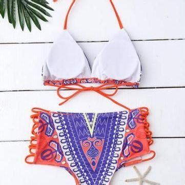 Sexy Halter Orange Straps Hollow High Waist Sapphire Blue Print Two Piece Bikini On Luulla