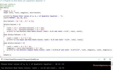 C Program To Find Roots Of A Quadratic Equation