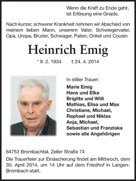 Traueranzeigen Von Heinrich Emig Vrm Trauer De