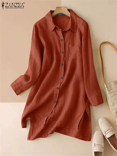 Zanzea Casual Solid Cotton Blouse Lapel Neck Long Sleeve Split Hem Tops Women Spring Fashion