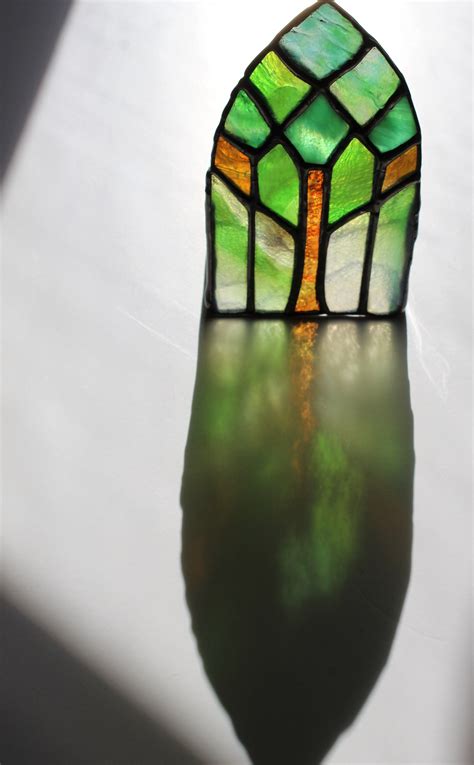 Stained Glass Tea Light Mini Tree Shield Gothic Lancet Cathedral Window Table Top Home Decor