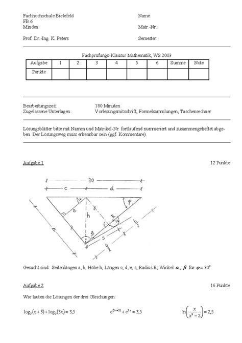 2003 WS 1 Mathe 1 Peters Altklausur Fachhochschule Bielefeld Name