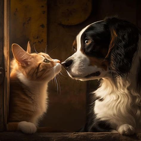 Premium Photo | A cat and a dog are kissing each other.