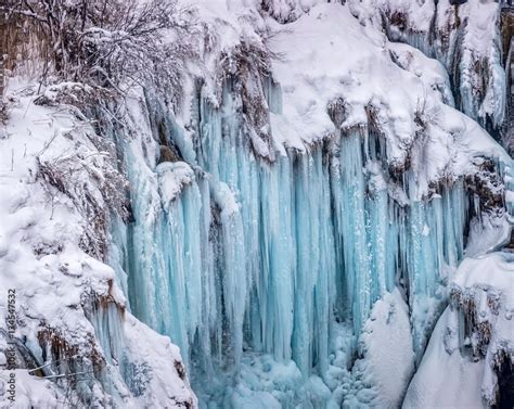 Plitvice lakes frozen waterfall Stock Photo | Adobe Stock