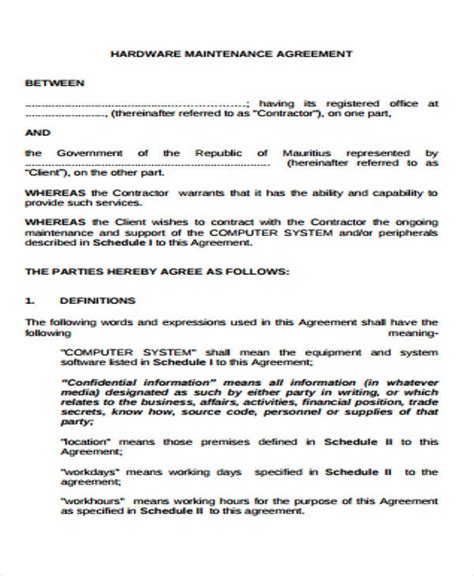 Maintenance Agreement Template Word