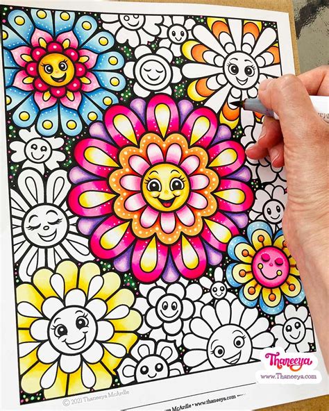 Happy Flowers Coloring Pages Cute Kawaii Flowers For Easy Large Print