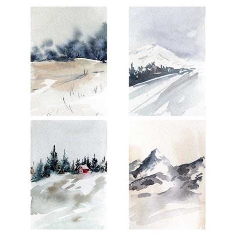 Conjunto De Paisagens Em Aquarela De Inverno Floresta De Inverno