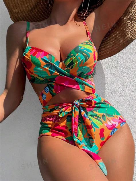 Shein Swim Summer Beach Tropical Print Push Up Bikini Set Shein Usa