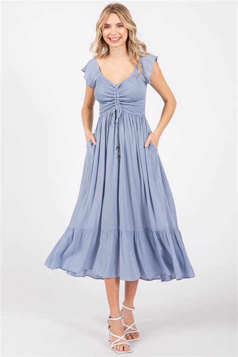 Light Blue Smocked Ruched Ruffle Hem Maternity Maxi Dress Pinkblush