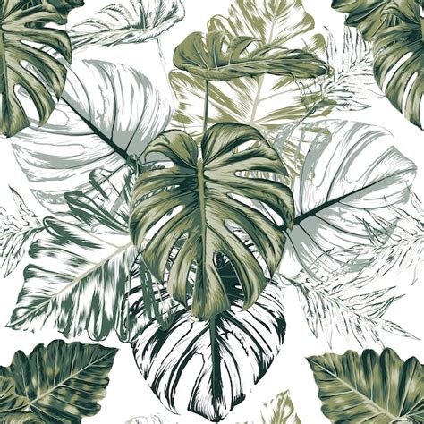 Modèle Sans Couture Monstera Feuille Verte Abstrait Fond Blanc