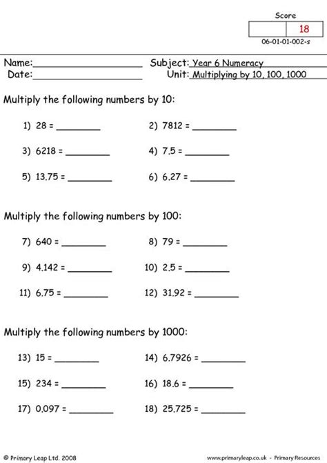 Multiplying By 10 100 1000 Worksheets