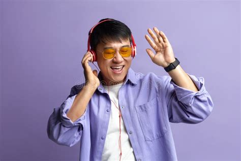 Asian Man Listening Music Positive Man Listening Song Wearing