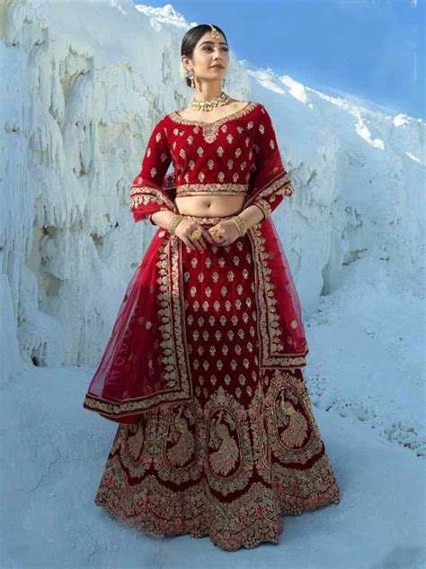 Red Velvet Embroidered Wedding Bridal Heavy Border Lehenga Choli