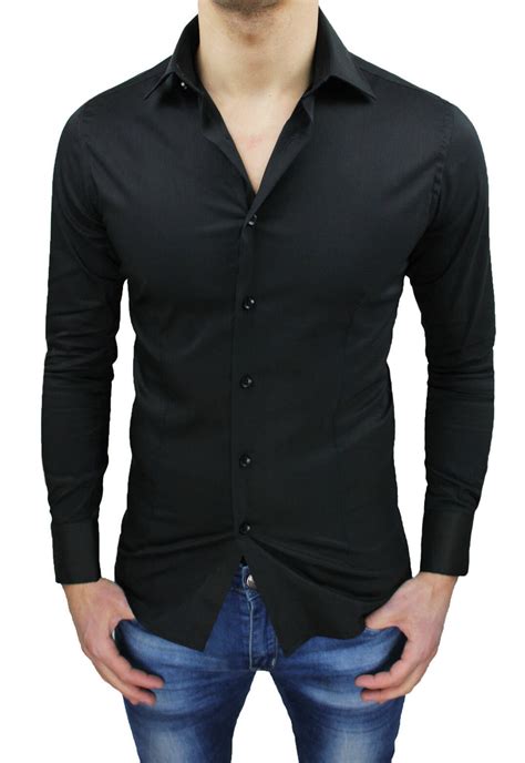 Camicia Uomo Casual Slim Fit Nero Camicetta Aderente Stretch Tg S M L